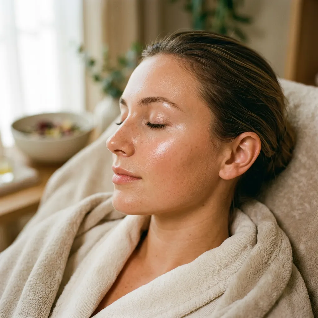 A guest with clear, even skin after a facial at Fiona's Day Spa in Coon Rapids, MN, where IPL photofacial consultations are arranged