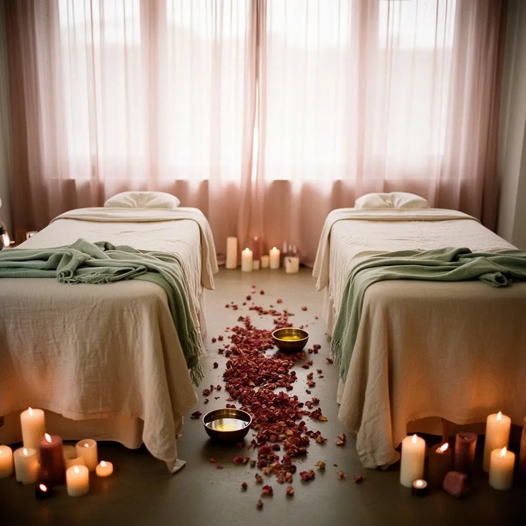 Two treatment tables in the joinable room where Blaine couples book a head spa together
