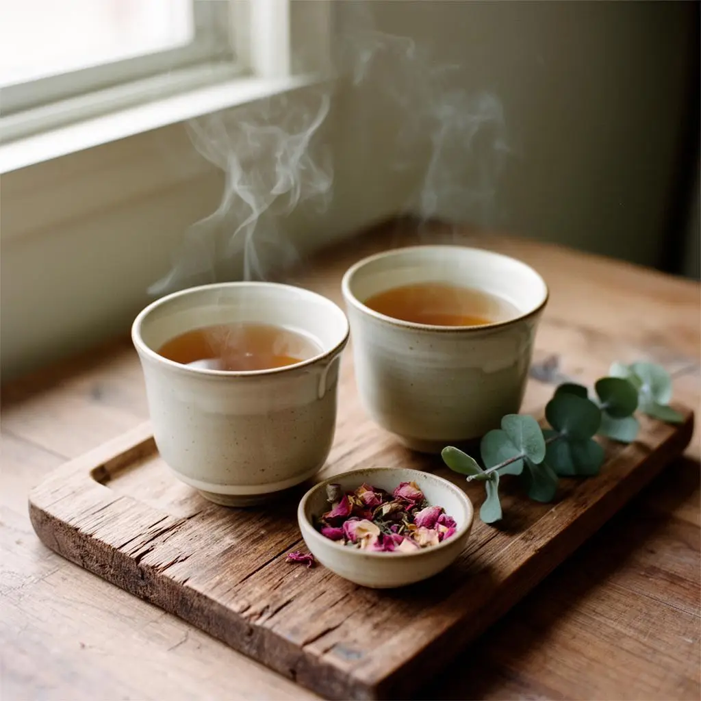 Two cups of tea on a wooden tray with dried rose petals, served after a couples spa appointment at Fiona's Day Spa