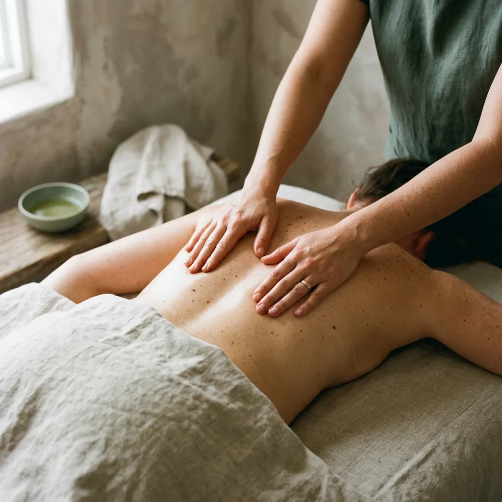 Therapist working slowly through the upper back during a deep tissue massage at Fiona's Day Spa in Coon Rapids, MN
