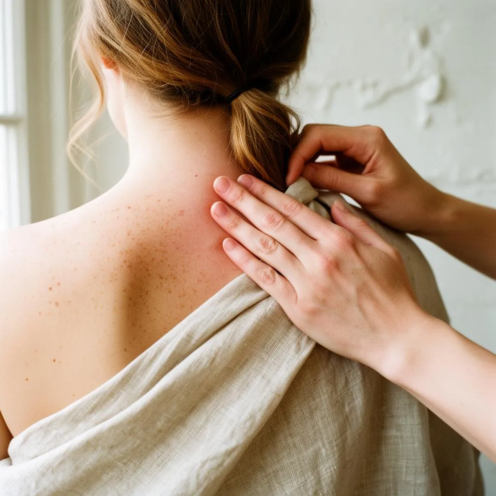 A therapist working through the neck and shoulders during a massage at Fiona's Day Spa in Coon Rapids, MN