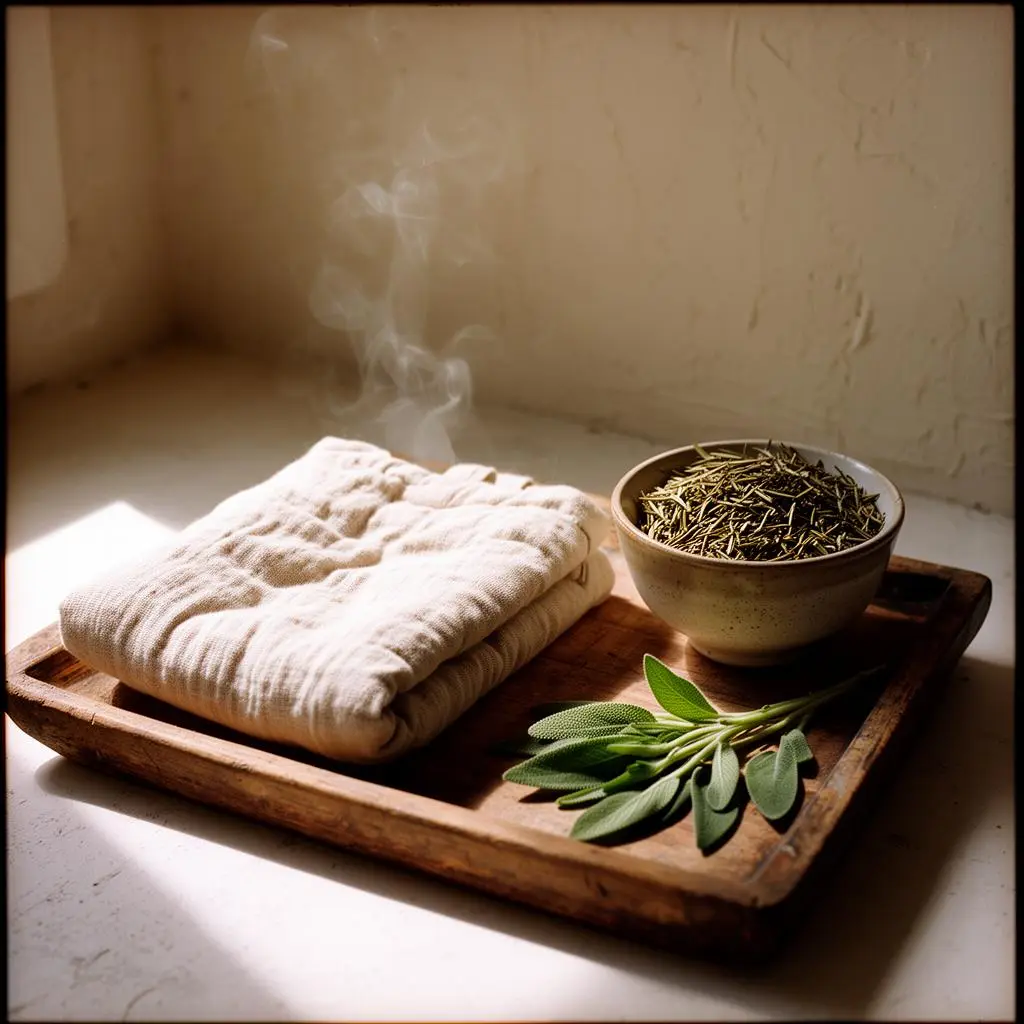 A folded warm towel on a wooden tray beside a bowl of dried herbs and fresh sage