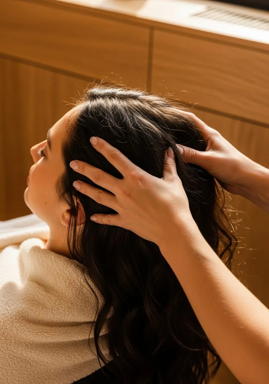 A guest reclining while a therapist works through her scalp with both hands during a 60-minute head spa, the stage that takes up most of the hour at Fiona's Day Spa in Coon Rapids