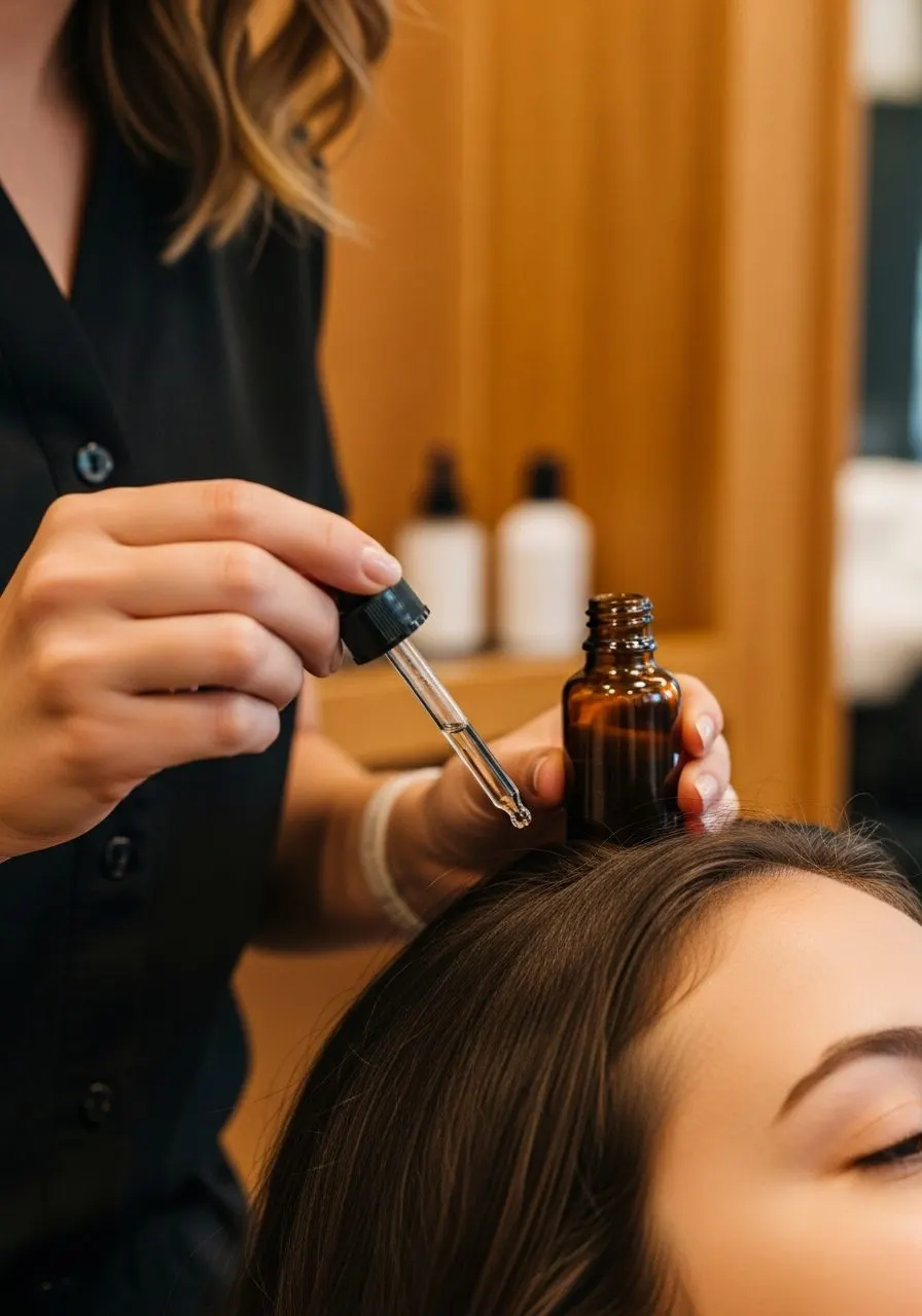 A therapist applying scalp serum from an amber dropper bottle during a head spa treatment, the step that sits inside the 60-minute head spa price at Fiona's Day Spa in Coon Rapids, Minnesota