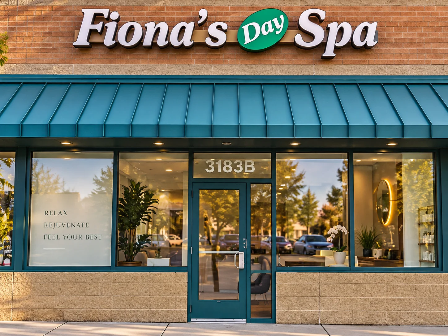 The Fiona's Day Spa storefront on Northdale Blvd NW in Coon Rapids, MN — lit sign, teal awning and 3183B on the glass door