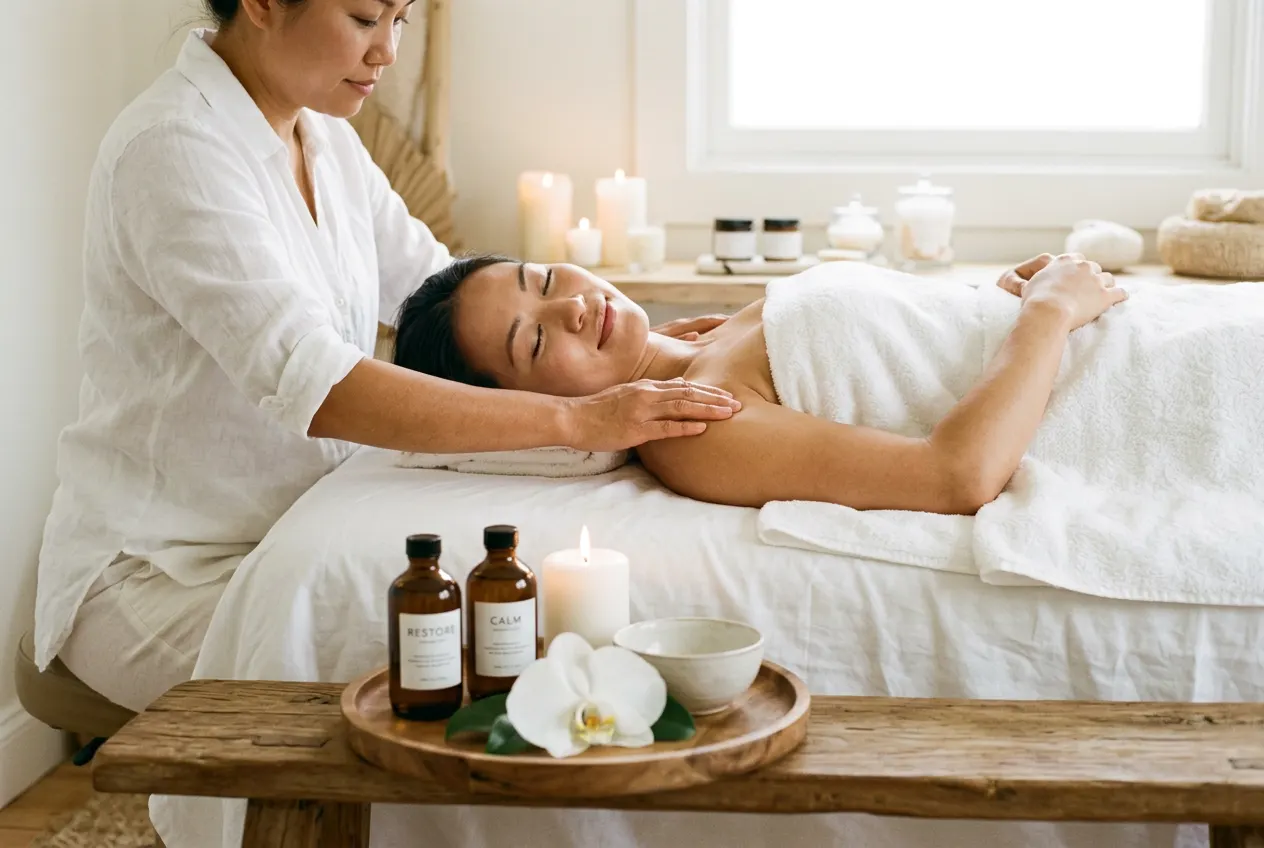 A massage therapist easing the shoulder of a guest draped in white towels, with oils and a candle on the bench beside the table