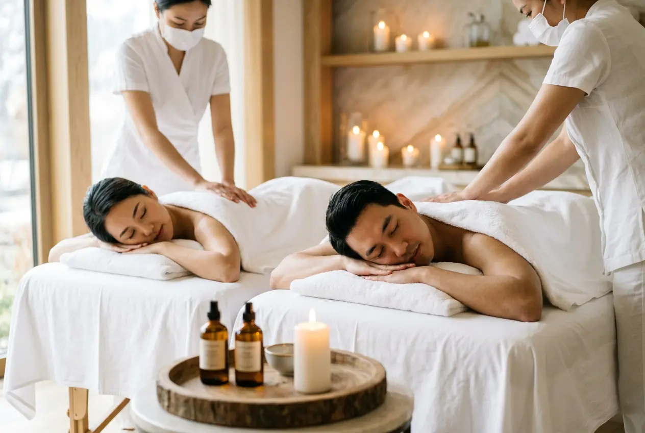 Two guests treated side by side on neighbouring tables — the joinable room a pair of spa gift cards books at Fiona's Day Spa in Coon Rapids, MN