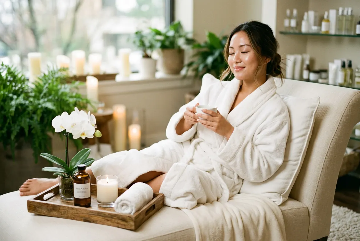 A guest in a robe resting with a cup of tea in the spa lounge — the kind of visit a Fiona's Day Spa gift card pays for in Coon Rapids, MN